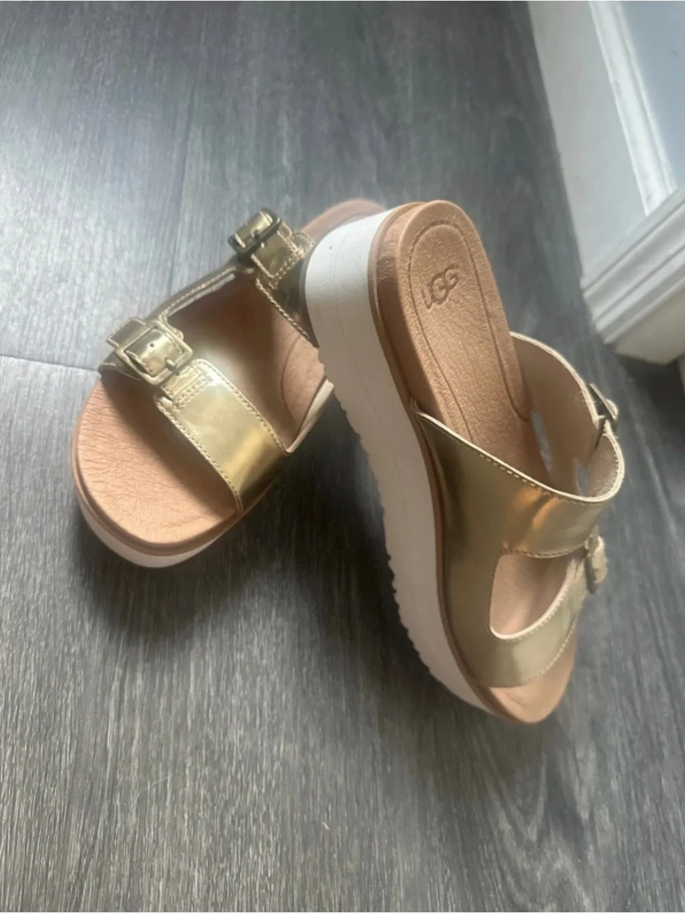 UGG Metallic Gold Double-Buckle Slide Sandals